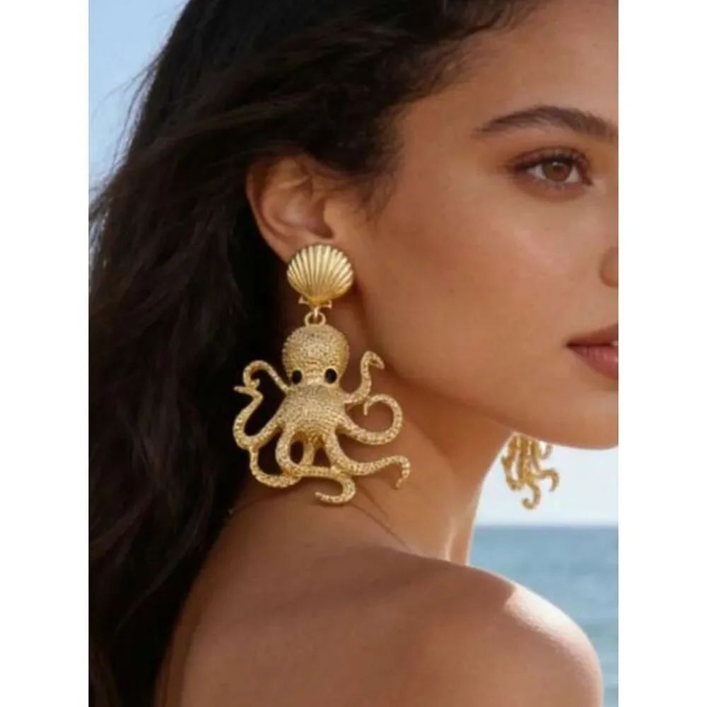 Gold Octopus Drop Earrings - Women's Statement Jewelry R 435